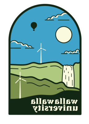 WWU U-Days的标志是连绵起伏的青山、风车和瀑布. 天空是蓝色的，有一个热气球.